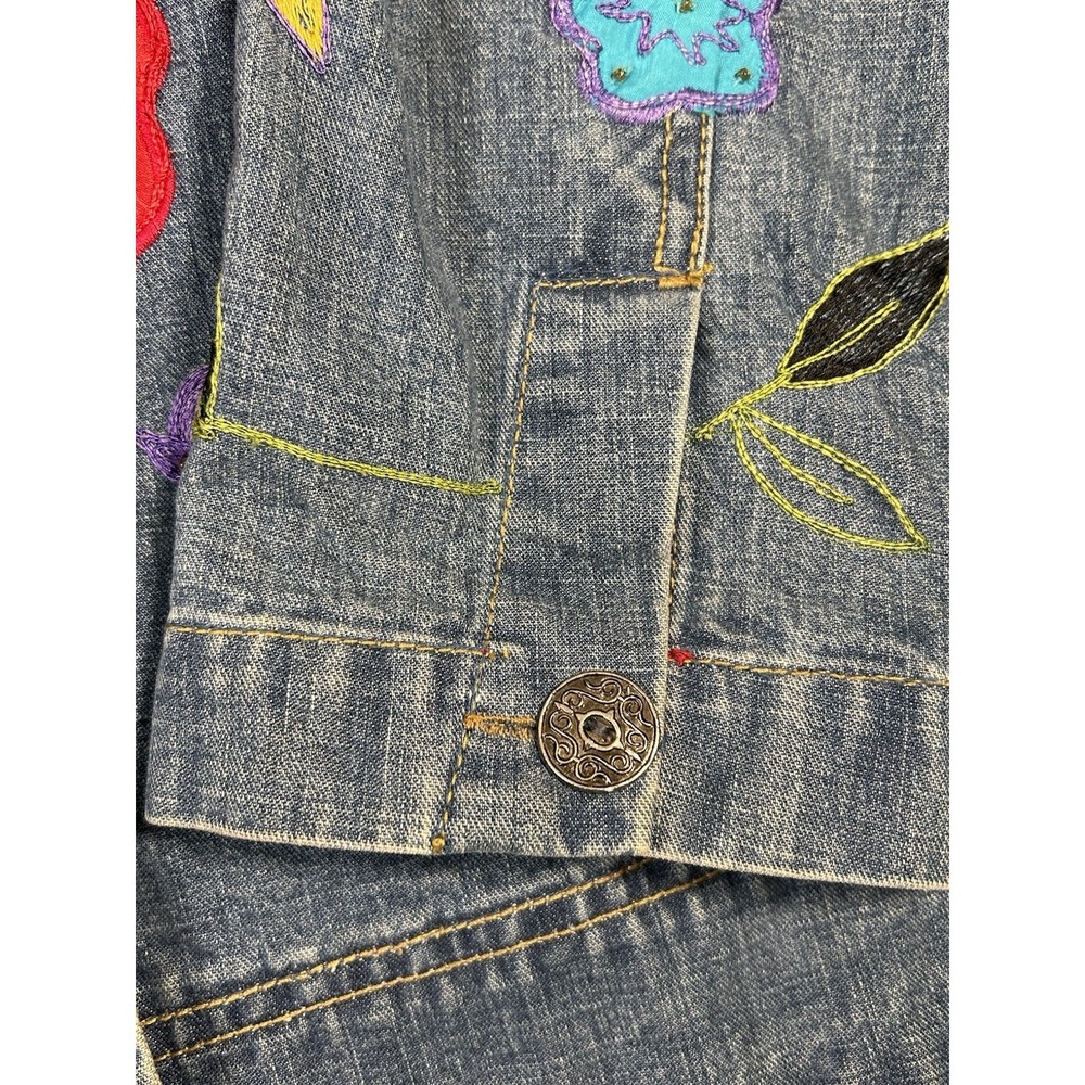 Women's Chico's‎ Design Y2K sz 1 Denim Floral Embroidered Jean Jacket Vtg Med - Picture 8 of 14